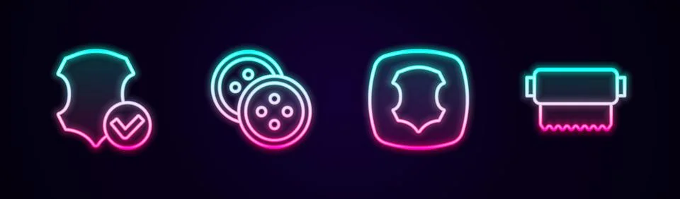 Set line Leather, Sewing button for clothes, and Textile fabric roll. Glowing Illustrazione stock