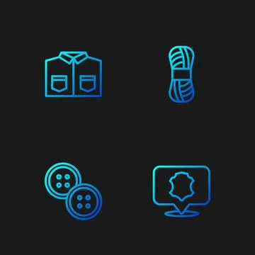 Set line Leather, Sewing button, Shirt and Yarn. Gradient color icons. Vector Stock Illustration