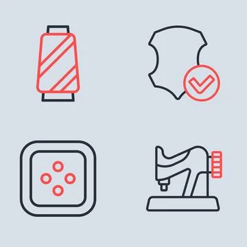 Set line Leather, Sewing button for clothes, machine and thread spool icon... Stock Illustration