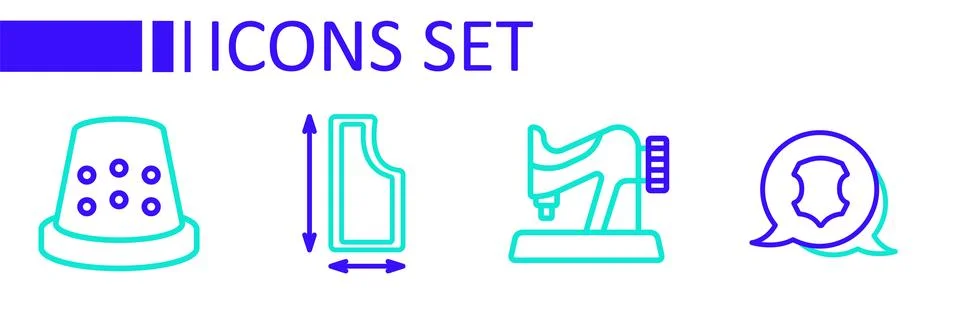 Set line Leather, Sewing machine, pattern and Thimble for sewing icon. Vector Illustrazione stock
