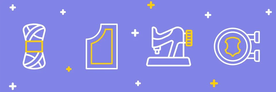 Set line Leather, Sewing machine, pattern and Yarn icon. Vector イラスト素材