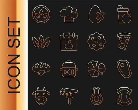 Set line Leather, Steak meat, Vegan pizza slice, No egg, World Vegetarian day Stock Illustration