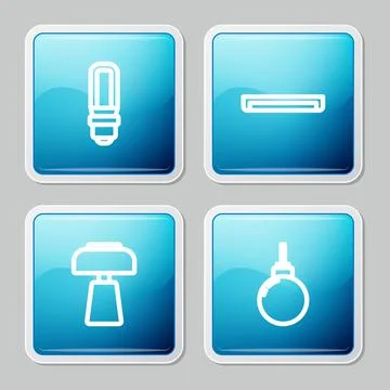 Set line LED light bulb, Fluorescent lamp, Table and Lamp hanging icon. Vector Stock Illustration