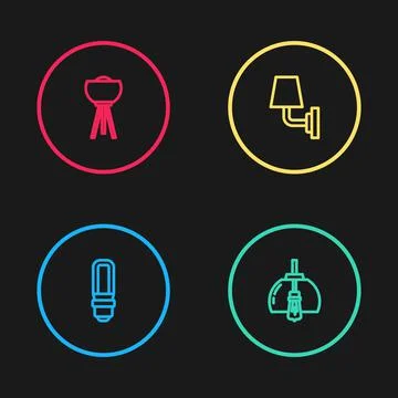 Set line LED light bulb, Chandelier, Wall lamp or sconce and Floor icon. Vector Stock Illustration