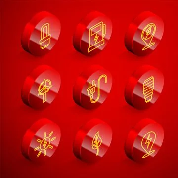 Set line LED light bulb, Electric car charging station, Location with leaf, Wind Stock Illustration