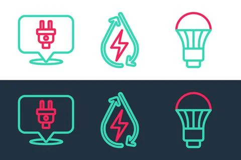 Set line LED light bulb, Electric plug and Water energy icon. Vector Stock Illustration