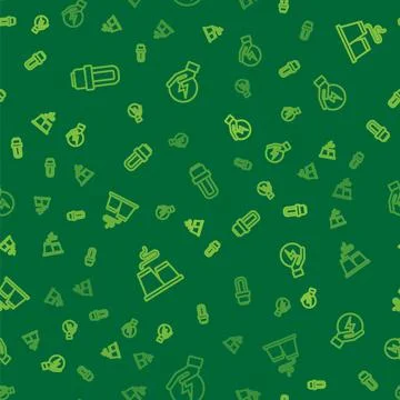 Set line LED light bulb, Factory and Lightning bolt on seamless pattern. Vector Stock Illustration