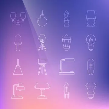 Set line LED light bulb, Light emitting diode, Floor lamp, Wall sconce and Stock Illustration