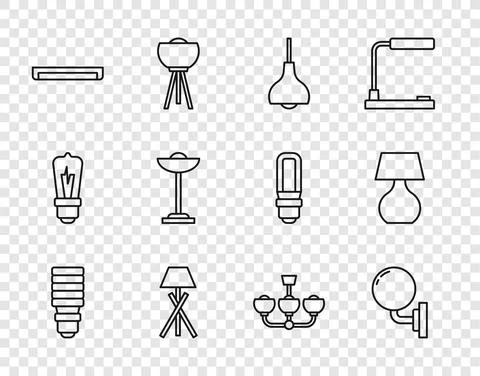 Set line LED light bulb, Wall lamp or sconce, Lamp hanging, Floor, Fluorescent Stock Illustration