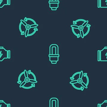 Set line LED light bulb, Wind turbine and Check engine on seamless pattern Stock Illustration