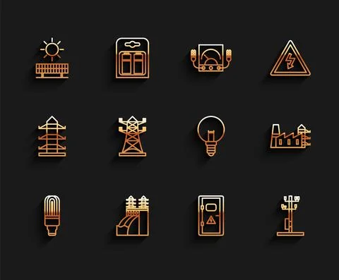 Set line LED light bulb, Nuclear power plant, Solar energy panel and sun Ilustração Stock