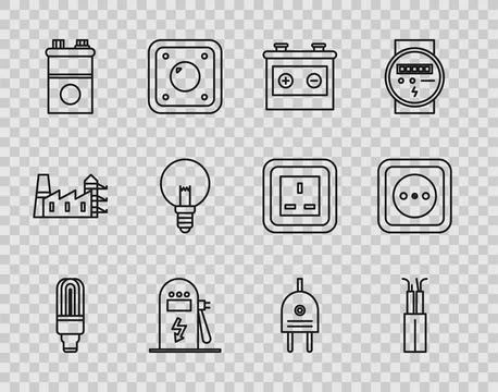 Set line LED light bulb, Electric cable, Car battery, car charging station Illustrazione stock
