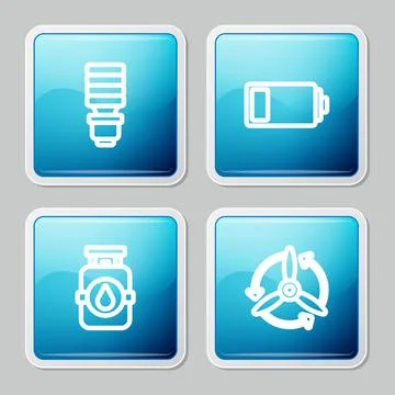 Set line LED light bulb, Battery, Propane gas tank and Wind turbine icon. Vec Stock Illustration