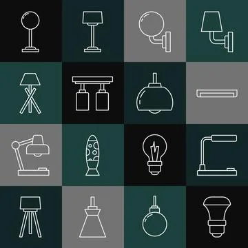 Set line LED light bulb, Table lamp, Fluorescent, Wall sconce, Led track ligh Stock Illustration