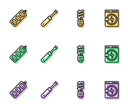 Set line LED light bulb, Electric extension, Screwdriver and Washer icon. Vec Stock Illustration