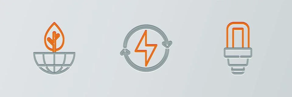 Set line LED light bulb, Earth globe and plant and Lightning bolt icon. Vector Ilustración de archivo