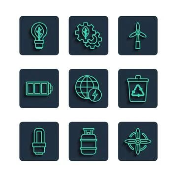 Set line LED light bulb, Propane gas tank, Wind turbine, Global energy power Stock Illustration