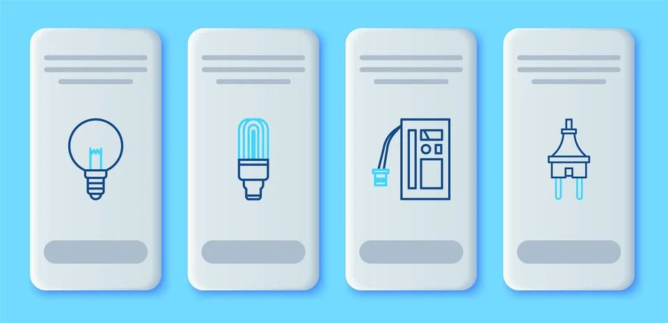 Set line LED light bulb, Battery, Light and Electric plug icon. Vector Stock Illustration