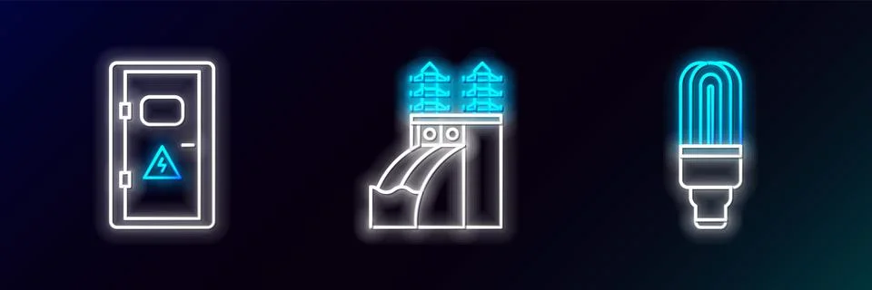 Set line LED light bulb, Electrical cabinet and Nuclear power plant icon. G.. Illustrazione stock