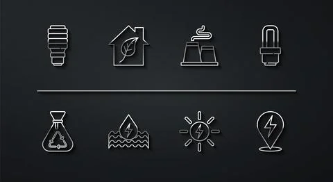 Set line LED light bulb, Garbage bag with recycle, Solar energy panel, Wate.. 库存插图