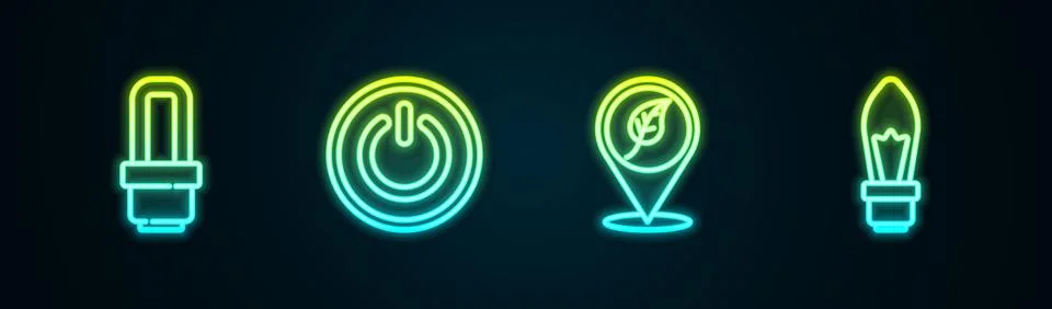 Set line LED light bulb, Power button, Location with leaf and Light. Glowin.. Stock Illustration