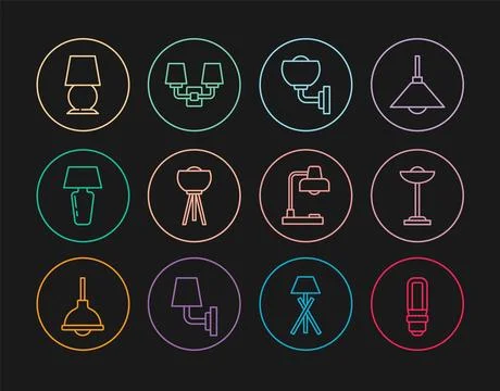 Set line LED light bulb, Floor lamp, Wall sconce, Table,  and  icon. Vector Stock Illustration