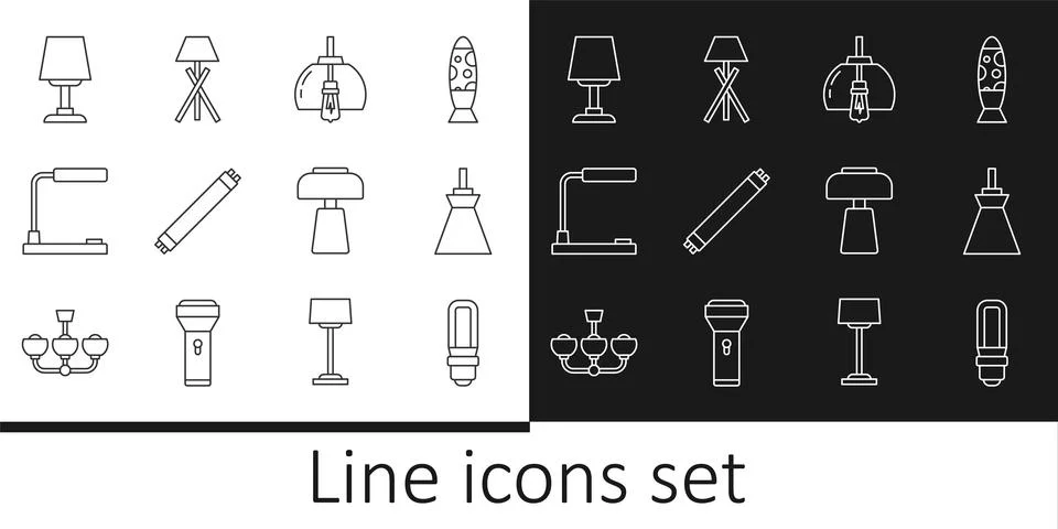 Set line LED light bulb, Lamp hanging, Chandelier, Fluorescent lamp, Table,.. Stock Illustration