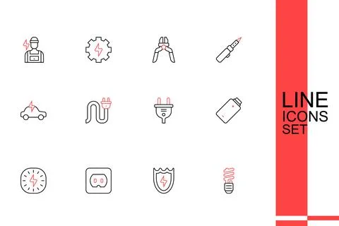 Set line LED light bulb, Lightning and shield, Electrical outlet, bolt, Bat.. Stock Illustration