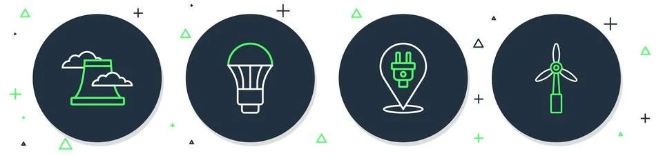 Set line LED light bulb, Electric plug, Nuclear power plant and Wind turbin.. Stock Illustration