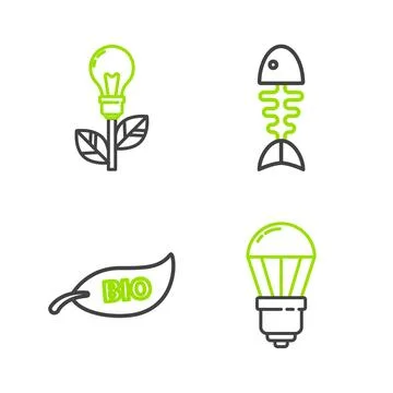 Set line LED light bulb, Leaf Bio symbol, Fish skeleton and Light with leaf.. Stock Illustration