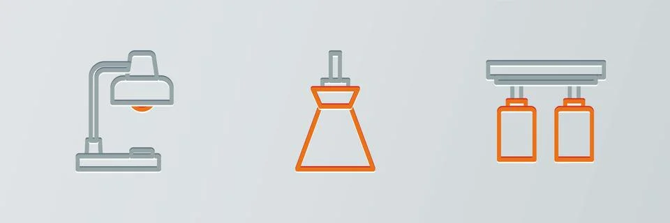 Set line Led track lights and lamps, Table and Lamp hanging icon. Vector Illustrazione stock