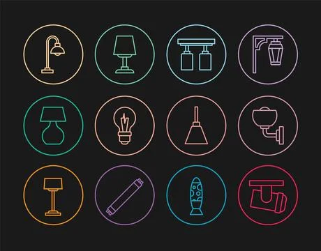 Set line Led track lights and lamps, Wall or sconce, Light bulb, Table, Floor Stock Illustration