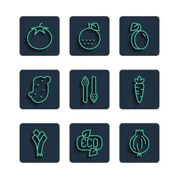 Set line Leek, Leaf Eco symbol, Garlic, Plum fruit, Asparagus, Potato, Tomato Stock Illustration