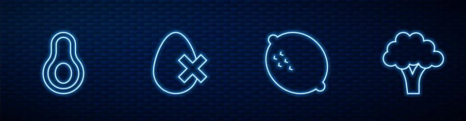 Set line Lemon, Avocado fruit, No egg and Broccoli. Glowing neon icon on br.. Stock Illustration