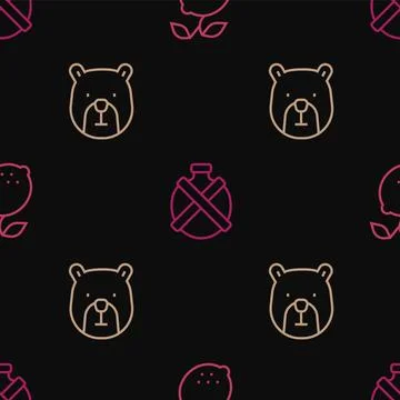 Set line Lemon, Bear head and Canteen water bottle on seamless pattern. Vector Illustrazione stock
