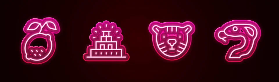 Set line Lemon, Chichen Itza in Mayan, Tiger head and Snake. Glowing neon i.. Stock Illustration