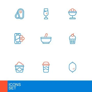 Set line Lemon, Coffee cup to go, Popcorn in cardboard box, Muffin, Food or.. Ilustração Stock