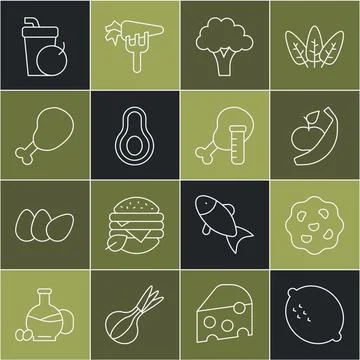 Set line Lemon, Cookie or biscuit, Apple and banana, Broccoli, Avocado fruit, イラスト素材