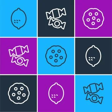 Set line Lemon, Cookie or biscuit and Candy icon. Vector Stock Illustration