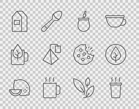 Set line Lemon, Cup of tea, Mate, Paper package for milk, Tea bag, leaf and.. Stock Illustration