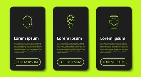 Set line Lemon, Fly agaric mushroom and Soda can. Business infographic template Stock Illustration