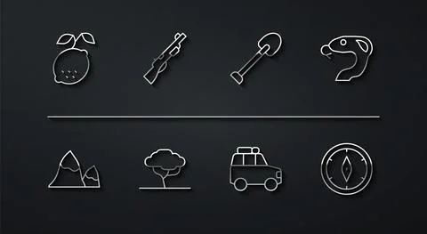 Set line Lemon, Mountains, Snake, Car, African tree, Hunting gun, Compass and Illustrazione stock