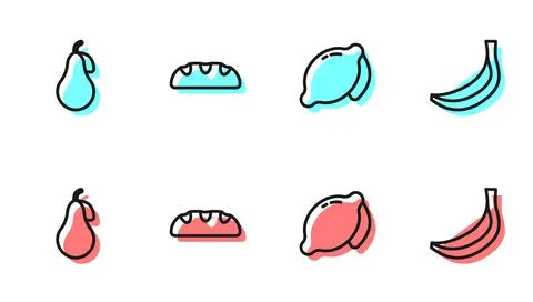 Set line Lemon, Pear, Bread loaf and Banana icon. Vector Illustrazione stock