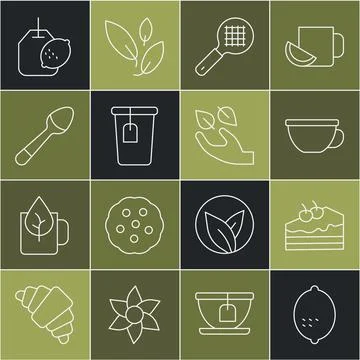 Set line Lemon, Piece of cake, Cup tea, Tea strainer with handle, bag, Teas.. Stock Illustration