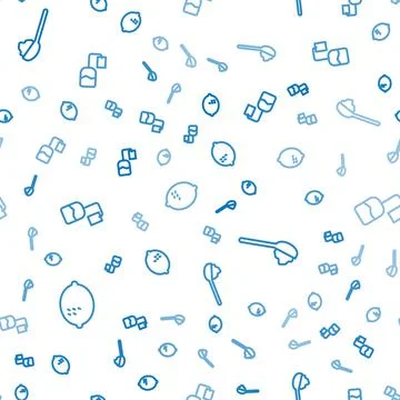 Set line Lemon, Spoon with sugar and Tea bag on seamless pattern. Vector Stock Illustration