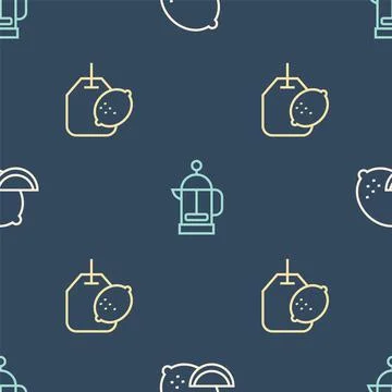 Set line Lemon, Tea bag with lemon and French press on seamless pattern. Vector Illustrazione stock