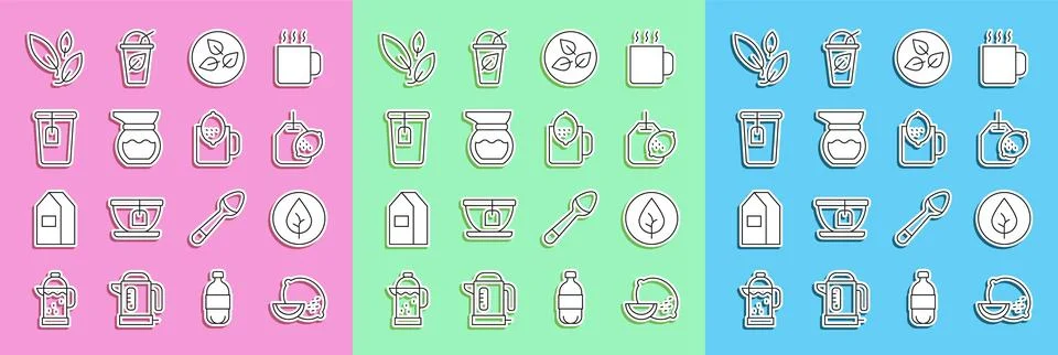 Set line Lemon, Tea leaf, bag with lemon, Teapot, Cup tea, and of icon. Vecto Stock Illustration