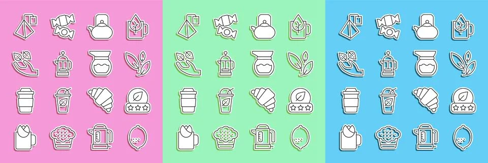 Set line Lemon, Tea leaf, Kettle with handle, French press, in, bag and Tea.. Illustration