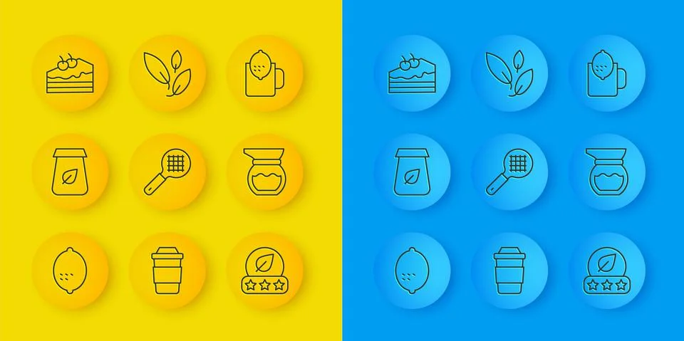 Set line Lemon, Tea packaging, strainer with handle, leaf, Teapot, Piece of cake Stock Illustration