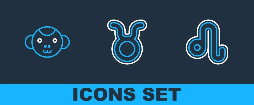 Set line Leo zodiac, Monkey and Taurus icon. Vector Stock Illustration